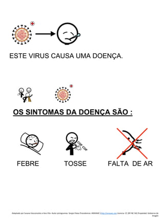 Adaptado por Susana Vasconcelos e Ana Vila- Autor pictogramas: Sergio Palao Procedencia: ARASAAC (http://arasaac.org Licencia: CC (BY-NC-SA) Propiedad: Gobierno de
Aragón
ESTE VIRUS CAUSA UMA DOENÇA.
OS SINTOMAS DA DOENÇA SÃO :
FEBRE TOSSE FALTA DE AR
 