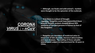 CORONA
VIRUS : - nCoV
• Although, sea foods and wild animal's markets
were thought to be the epicenter of the outbreak.
• Now there is a school of thought
regarding Pangolins could have transmitted these
disease. Genetic analysis showed almost 99%
similarity of the viral genome in human to that of
the Pangolins.
• Pangolins are considere of medicinal value in
treatment of skin diseases, menstrul abhormalities
and joint diseases. The trading of these valuable
animal could subject to imprisonment for 10 years in
China.
 