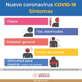 •Dolor de cabeza
• Fiebre
•Tos, estornudos
Nuevo coronavirus COVID-19
Síntomas
•Malestar general
•Diﬁcultad para
respirar (casos más graves)
@SaludDGPS
Fuente: Aviso Preventivo de viaje a China por neumonía etiología desconocida. Dirección General de Epidemiología.
 