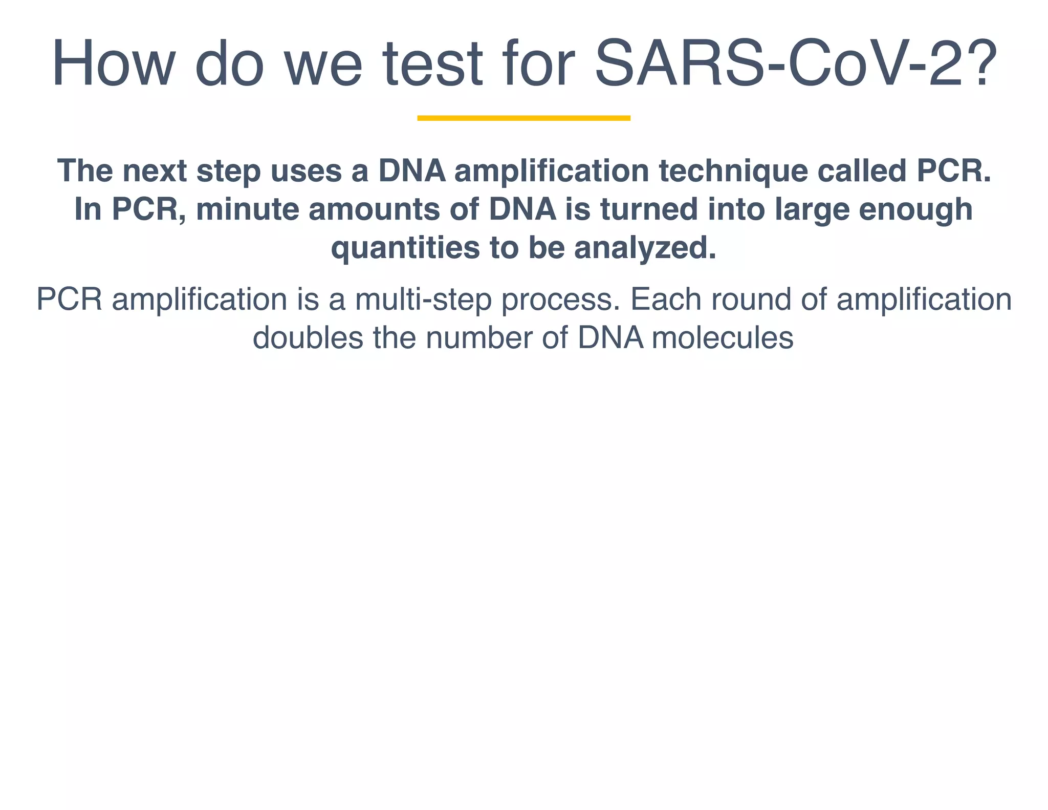 How do we test for SARS-CoV-2?
The next step uses a DNA amplification technique called PCR.
In PCR, minute amounts of DNA is turned into large enough
quantities to be analyzed.
PCR amplification is a multi-step process. Each round of amplification
doubles the number of DNA molecules
 