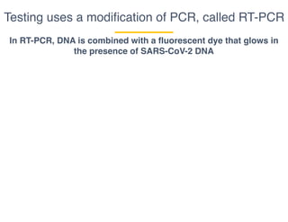 Testing uses a modiﬁcation of PCR, called RT-PCR
In RT-PCR, DNA is combined with a fluorescent dye that glows in
the presence of SARS-CoV-2 DNA
 