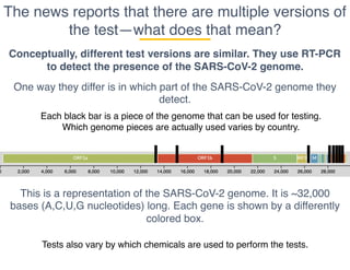 The news reports that there are multiple versions of
the test—what does that mean?
Conceptually, different test versions are similar. They use RT-PCR
to detect the presence of the SARS-CoV-2 genome.
One way they differ is in which part of the SARS-CoV-2 genome they
detect.
This is a representation of the SARS-CoV-2 genome. It is ~32,000
bases (A,C,U,G nucleotides) long. Each gene is shown by a differently
colored box.
Each black bar is a piece of the genome that can be used for testing.
Which genome pieces are actually used varies by country.
Tests also vary by which chemicals are used to perform the tests.
 