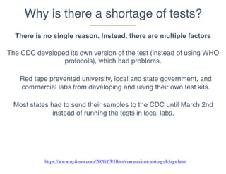 Why is there a shortage of tests?
There is no single reason. Instead, there are multiple factors
The CDC developed its own version of the test (instead of using WHO
protocols), which had problems.
Most states had to send their samples to the CDC until March 2nd
instead of running the tests in local labs.
Red tape prevented university, local and state government, and
commercial labs from developing and using their own test kits.
https://www.nytimes.com/2020/03/10/us/coronavirus-testing-delays.html
 