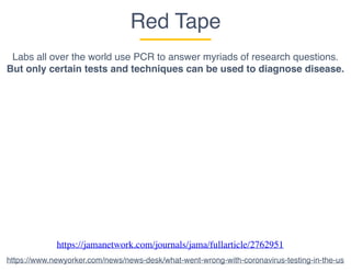 Red Tape
Labs all over the world use PCR to answer myriads of research questions.
But only certain tests and techniques can be used to diagnose disease.
https://jamanetwork.com/journals/jama/fullarticle/2762951
https://www.newyorker.com/news/news-desk/what-went-wrong-with-coronavirus-testing-in-the-us
 