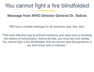 You cannot ﬁght a ﬁre blindfolded
"We have a simple message for all countries: test, test, test.”
“The most effective way to prevent infections and save lives is breaking
the chains of transmission. And to do that, you must test and isolate.
You cannot fight a fire blindfolded. And we cannot stop this pandemic if
we don't know who is infected.”
Message from WHO Director General Dr. Tedros
 