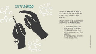 TESTE RÁPIDO
.SEGUNDO O MINISTÉRIO DA SAÚDE OS
TESTES RÁPIDOS APRESENTAM UMA TAXA
DE ERRO DE 75% PARA RESULTADOS
NEGATIVOS.
.ATUALMENTE,OS TESTES RÁPIDOS PODEM
SER DIVIDIDOS EM DUAS CATEGORIAS:
- OS TESTES SOROLÓGICOS QUE
VISAM DETECTAR ANTICORPO
ESPECÍFICO PRODUZIDO PELO
CORPO HUMANO CONTRA O VÍRUS
SARS-COV-2.
- OU TESTES QUE VISAM DETECTAR
ANTÍGENO DESSE VÍRUS.
FONTE:
MINISTÉRIO
DA
SAÚDE
 