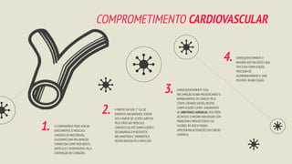 COMPROMETIMENTO CARDIOVASCULAR
O CORONAVÍRUS PODE ATACAR
DIRETAMENTE O MÚSCULO
CARDÍACO (O MIOCÁRDIO),
CAUSANDO UMA INFLAMAÇÃO
CONHECIDA COMO MIOCARDITE
(MÚSCULO É RESPONSÁVEL PELA
CONTRAÇÃO DO CORAÇÃO).
1.
A PARTIR DA FASE 2° OU DE
DIVERSOS MECANISMOS,PODEM
SER A PARTIR DE LESÕES DIRETAS
PELO VÍRUS NO MÚSCULO
CARDÍACO OU ATÉ COMPLICAÇÕES
SECUNDÁRIAS EM RESPOSTA
INFLAMATÓRIA E TROMBÓTICA
DESENCADEADA PELA INFECÇÃO.
2.
CONSEQUENTEMENTE ESSA
INFLAMAÇÃO ACABA PREJUDICANDO O
BOMBEAMENTO DO SANGUE PELO
CORPO.CRIANDO ENTÃO,MUITAS
COMPLICAÇÕES COMO: SURGIMENTO
DE ARRITMIAS CARDÍACAS.ISSO PODE
ACONTECE O MESMO INDIVÍDUOS SEM
PROBLEMAS PREEXISTENTES OU
FATORES DE RISCO PODEM
APRESENTAR ALTERAÇÕES DA FUNÇÃO
CARDÍACA.
3.
CONSEQUENTEMENTE A
MAIORIA DOS PACIENTES QUE
TEM ESSA COMPLICAÇÃO,
PRECISAM DE
ACOMPANHAMENTO E UMA
POSSÍVEL REABILITAÇÃO.
4.
 