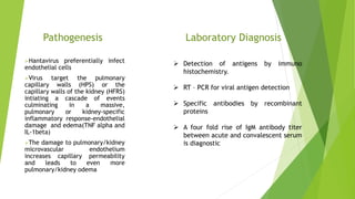 Pathogenesis
Hantavirus preferentially infect
endothelial cells
Virus target the pulmonary
capillary walls (HPS) or the
capillary walls of the kidney (HFRS)
intiating a cascade of events
culminating in a massive,
pulmonary or kidney-specific
inflammatory response-endothelial
damage and edema(TNF alpha and
IL-1beta)
The damage to pulmonary/kidney
microvascular endothelium
increases capillary permeability
and leads to even more
pulmonary/kidney odema
 Detection of antigens by immuno
histochemistry.
 RT – PCR for viral antigen detection
 Specific antibodies by recombinant
proteins
 A four fold rise of IgM antibody titer
between acute and convalescent serum
is diagnostic
Laboratory Diagnosis
 