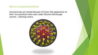 Why It is named CoronaVirus?
Coronaviruses are named because of Crown-like appearance of
their virus particles when seen under Electron Microscope
(corona , meaning crown).
 