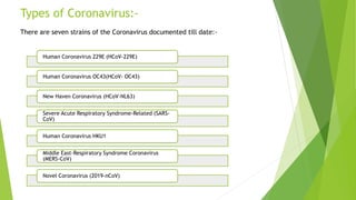 Types of Coronavirus:-
There are seven strains of the Coronavirus documented till date:-
Human Coronavirus 229E (HCoV-229E)
Human Coronavirus OC43(HCoV- OC43)
New Haven Coronavirus (HCoV-NL63)
Severe Acute Respiratory Syndrome-Related (SARS-
CoV)
Human Coronavirus HKU1
Middle East-Respiratory Syndrome Coronavirus
(MERS-CoV)
Novel Coronavirus (2019-nCoV)
 
