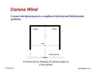 Corona Wind
       Corona wind phenomenon is a coupling of electrical and fluid-dynamic
       problems.




                  Corotron device charging of a photoreceptor in
                                  a laser printer
Fa-Gung Fan                                                          fagung@gmail.com
 