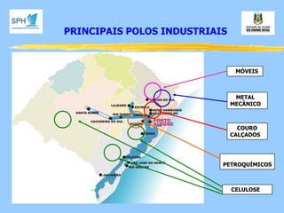PRINCIPAIS POLOS INDUSTRIAIS 
CELULOSE 
MÓVEIS 
METAL MECÂNICO 
PETROQUÍMICOS 
COURO CALÇADOS  