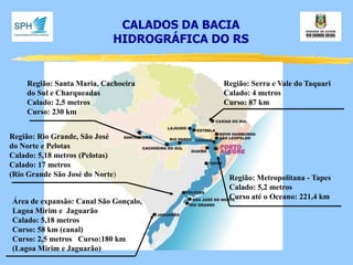 CALADOS DA BACIA HIDROGRÁFICA DO RS 
Região: Serra e Vale do Taquari 
Calado: 4 metros 
Curso: 87 km 
Região: Metropolitana - Tapes Calado: 5,2 metros Curso até o Oceano: 221,4 km 
Região: Santa Maria, Cachoeira do Sul e Charqueadas Calado: 2,5 metros Curso: 230 km 
Região: Rio Grande, São José 
do Norte e Pelotas 
Calado: 5,18 metros (Pelotas) 
Calado: 17 metros 
(Rio Grande São José do Norte) 
Área de expansão: Canal São Gonçalo, Lagoa Mirim e Jaguarão Calado: 5,18 metros Curso: 58 km (canal) Curso: 2,5 metros Curso:180 km (Lagoa Mirim e Jaguarão)  
