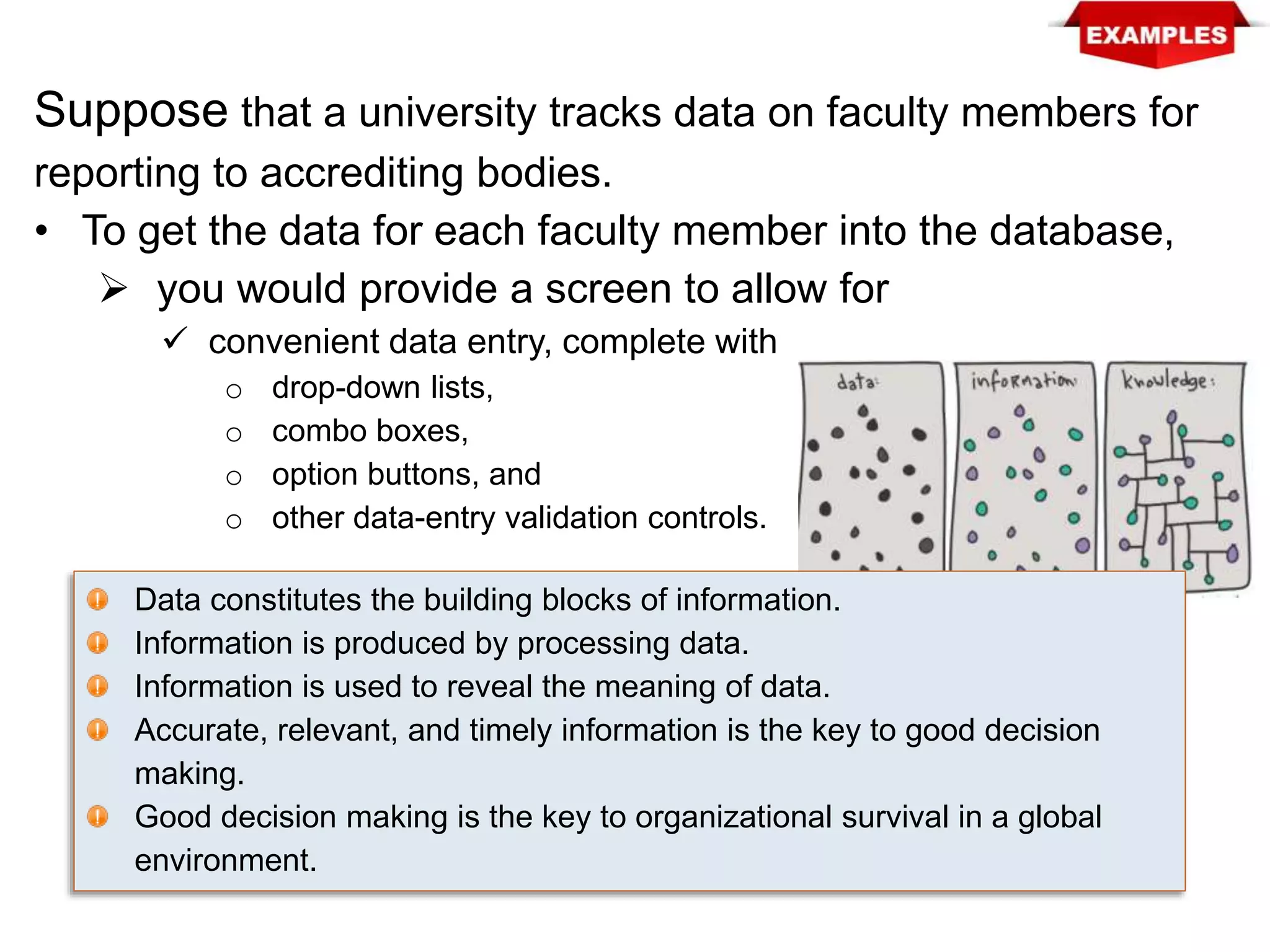Suppose that a university tracks data on faculty members for
reporting to accrediting bodies.
• To get the data for each faculty member into the database,
 you would provide a screen to allow for
 convenient data entry, complete with
o drop-down lists,
o combo boxes,
o option buttons, and
o other data-entry validation controls.
Data constitutes the building blocks of information.
Information is produced by processing data.
Information is used to reveal the meaning of data.
Accurate, relevant, and timely information is the key to good decision
making.
Good decision making is the key to organizational survival in a global
environment.
 