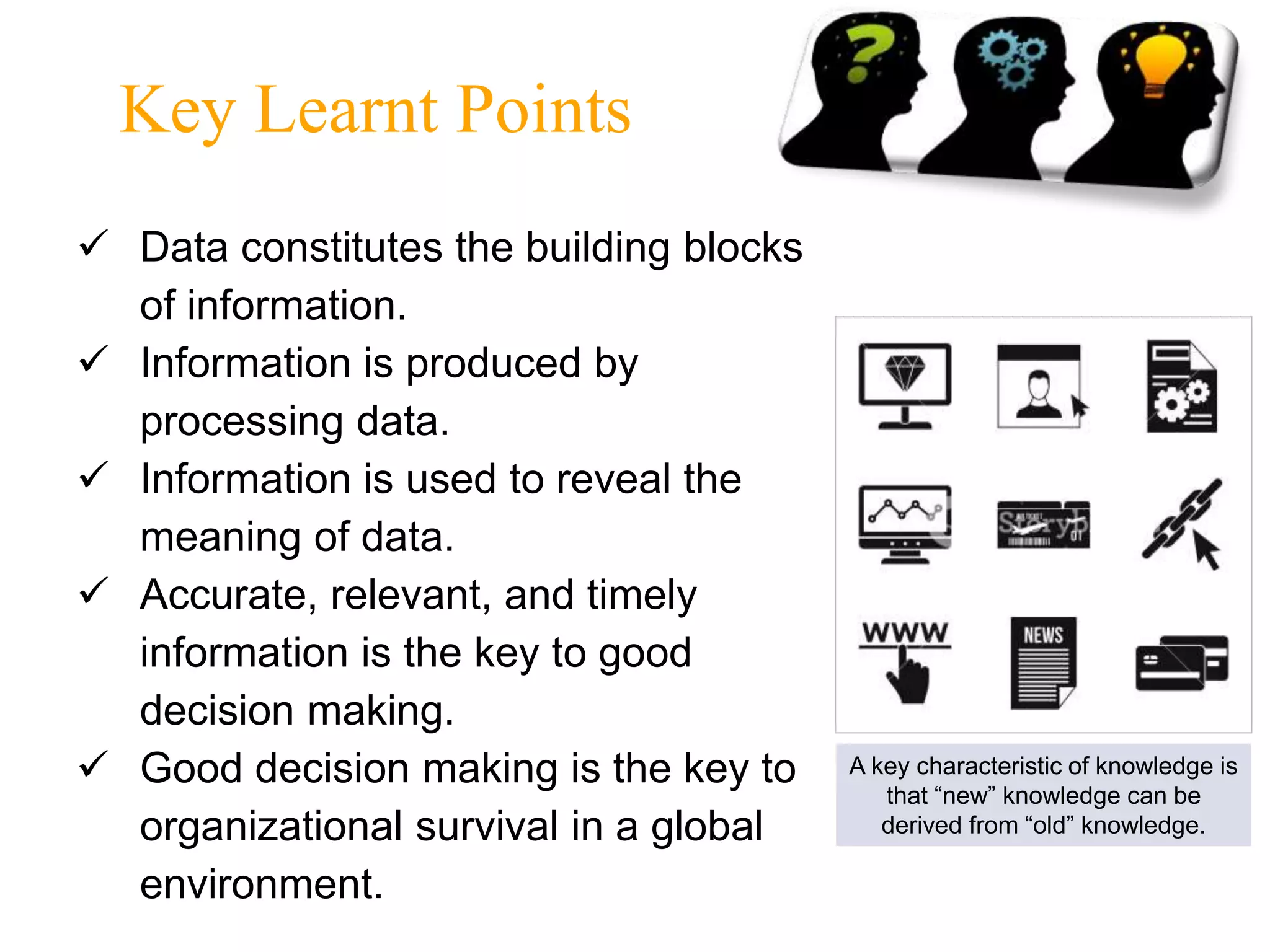 Key Learnt Points
 Data constitutes the building blocks
of information.
 Information is produced by
processing data.
 Information is used to reveal the
meaning of data.
 Accurate, relevant, and timely
information is the key to good
decision making.
 Good decision making is the key to
organizational survival in a global
environment.
A key characteristic of knowledge is
that “new” knowledge can be
derived from “old” knowledge.
 