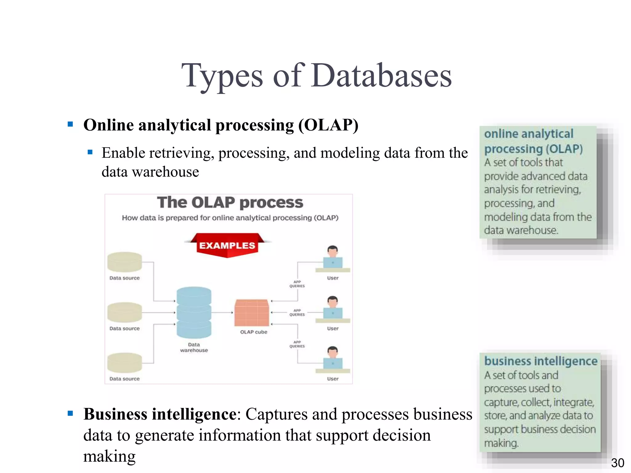 Types of Databases
 Online analytical processing (OLAP)
 Enable retrieving, processing, and modeling data from the
data warehouse
 Business intelligence: Captures and processes business
data to generate information that support decision
making 30
 