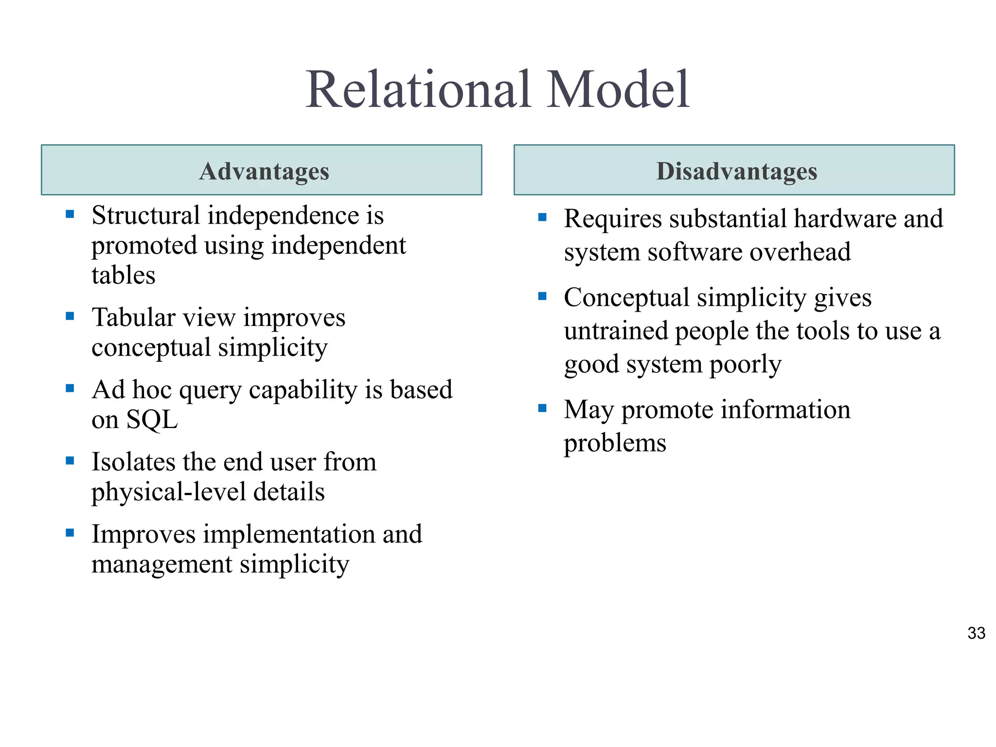 Relational Model Advantages Disadvantages  Structural independence is promoted using independent tables  Tabular view improves conceptual simplicity  Ad hoc query capability is based on SQL  Isolates the end user from physical-level details  Improves implementation and management simplicity  Requires substantial hardware and system software overhead  Conceptual simplicity gives untrained people the tools to use a good system poorly  May promote information problems 33 