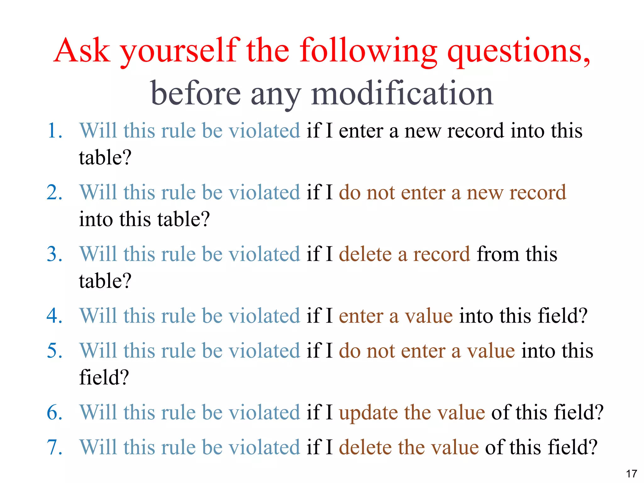 Ask yourself the following questions,
before any modification
1. Will this rule be violated if I enter a new record into this
table?
2. Will this rule be violated if I do not enter a new record
into this table?
3. Will this rule be violated if I delete a record from this
table?
4. Will this rule be violated if I enter a value into this field?
5. Will this rule be violated if I do not enter a value into this
field?
6. Will this rule be violated if I update the value of this field?
7. Will this rule be violated if I delete the value of this field?
17
 