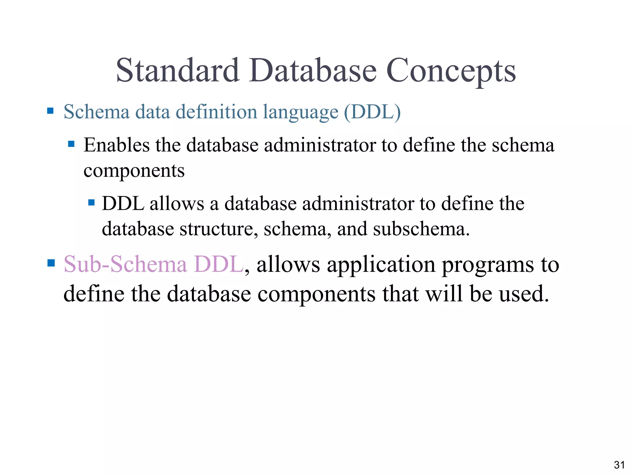 Standard Database Concepts
 Schema data definition language (DDL)
 Enables the database administrator to define the schema
components
 DDL allows a database administrator to define the
database structure, schema, and subschema.
 Sub-Schema DDL, allows application programs to
define the database components that will be used.
31
 