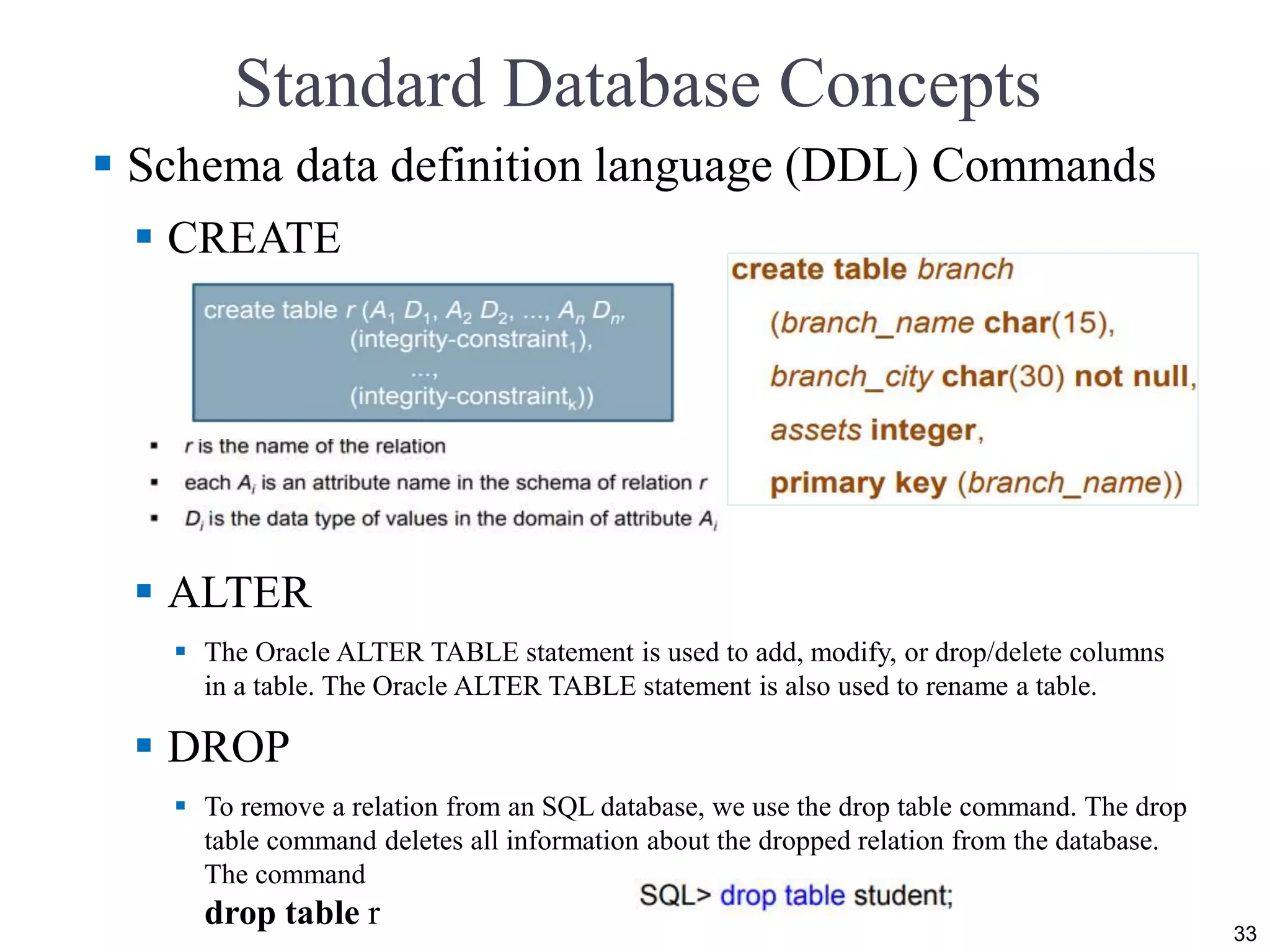 Standard Database Concepts
 Schema data definition language (DDL) Commands
 CREATE
 ALTER
 The Oracle ALTER TABLE statement is used to add, modify, or drop/delete columns
in a table. The Oracle ALTER TABLE statement is also used to rename a table.
 DROP
 To remove a relation from an SQL database, we use the drop table command. The drop
table command deletes all information about the dropped relation from the database.
The command
drop table r 33
 
