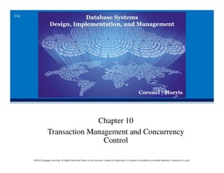 Database Systems
Design, Implementation, and Management
Coronel | Morris
11e
©2015 Cengage Learning. All Rights Reserved. May not be scanned, copied or duplicated, or posted to a publicly accessible website, in whole or in part.
Chapter 10
Transaction Management and Concurrency
Control
 