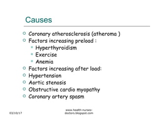 Causes
 Coronary atherosclerosis (atheroma )
 Factors increasing preload :
 Hyperthyroidism
 Exercise
 Anemia
 Factors increasing after load:
 Hypertension
 Aortic stenosis
 Obstructive cardio myopathy
 Coronary artery spasm
03/10/17
www.health-nurses-
doctors.blogspot.com
 