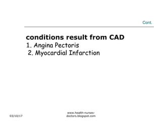 Cont.
conditions result from CAD
1. Angina Pectoris
2. Myocardial Infarction
03/10/17
www.health-nurses-
doctors.blogspot.com
 