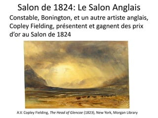 Salon de 1824: Le Salon Anglais
Constable, Bonington, et un autre artiste anglais,
Copley Fielding, présentent et gagnent des prix
d’or au Salon de 1824
A.V. Copley Fielding, The Head of Glencoe (1823), New York, Morgan Library
 