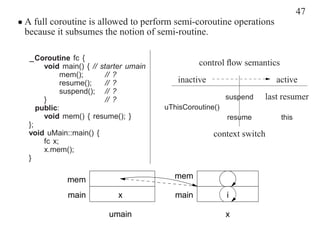 47
• A full coroutine is allowed to perform semi-coroutine operations
  because it subsumes the notion of semi-routine.

  _Coroutine fc {
       void main() { // starter umain             control ﬂow semantics
             mem();       // ?
             resume();    // ?             inactive                     active
             suspend(); // ?
       }                  // ?                             suspend   last resumer
     public:                            uThisCoroutine()
       void mem() { resume(); }                            resume         this
  };
  void uMain::main() {                                context switch
       fc x;
       x.mem();
  }

             mem                          mem

             main           x              main            i

                          umain                            x
 