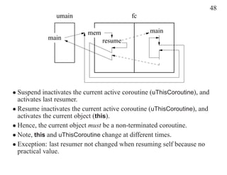 48
                umain                      fc

                           mem                    main
             main                resume




• Suspend inactivates the current active coroutine (uThisCoroutine), and
  activates last resumer.
• Resume inactivates the current active coroutine (uThisCoroutine), and
  activates the current object (this).
• Hence, the current object must be a non-terminated coroutine.
• Note, this and uThisCoroutine change at different times.
• Exception: last resumer not changed when resuming self because no
  practical value.
 