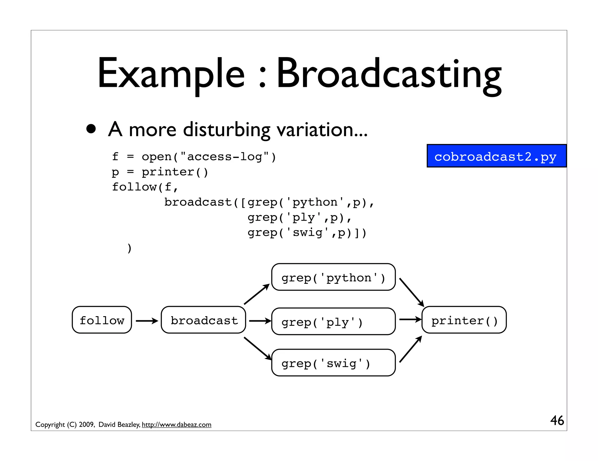 Example : Broadcasting
               • A more disturbing variation...
                        f = open("access-log")                              cobroadcast2.py
                        p = printer()
                        follow(f,
                               broadcast([grep('python',p),
                                          grep('ply',p),
                                          grep('swig',p)])
                          )

                                                           grep('python')


             follow                        broadcast       grep('ply')      printer()


                                                           grep('swig')



Copyright (C) 2009, David Beazley, http://www.dabeaz.com                                  46
 