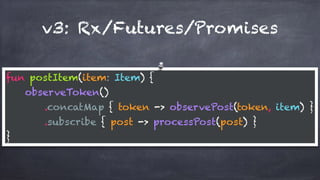 v3: Rx/Futures/Promises
fun postItem(item: Item) { 
observeToken() 
.concatMap { token -> observePost(token, item) } 
.subscribe { post -> processPost(post) } 
}
 