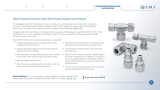NACE Requirements for Alloy 2507 Super Duplex Tube Fittings
Understanding Requirements
and Standards 28
For a Swagelok alloy 2507 tube fitting to function correctly, the nut and ferrules must be made from cold-drawn
bar stock. This material has the strength necessary to grip to 2507 tubing (which has a high surface hardness)
and to hold to the high working pressures listed in Swagelok Tubing Data Sheet, MS-01-107.
Swagelok alloy 2507 tube fittings with ordering numbers having the -SG2 designator meet NACE MR0175/ ISO 15156
requirements for use in any equipment, according to Table A.24 of the standard, if the fittings are wetted internally,
but not externally, by sour gas.
NACE MR0175/ISO 15156 standard requirements for alloy 2507:
l
Back ferrules are produced from cold-drawn 6-Moly 		
		 bar stock but are not wetted by the system fluid
l
Front ferrules are produced from cold-drawn alloy
		 2507 bar stock
l
Nose of the front ferrule comprises a wetted surface;
		 it is under compression and, therefore, not subject to
		 SCC or sour gas cracking, as the standard states a 		
		 tensile stress component is required to enable these
		 cracking modes
l
Port connectors and plug inserts are produced from 		
		 solution-annealed alloy 2507 bar stock
l
Straight tube fitting bodies are produced from solution-
		 annealed alloy 2507 bar stock
l
Shaped tube fitting bodies are produced from solution-		
		 annealed alloy 2507 forgings
l
External threads of a tube fitting body that are not wetted
		 by the system fluid may be produced by thread rolling
l
Internally wetted threads are cut
l
Tube fitting nuts are produced from cold-drawn 2507 bar
		 stock but are not wetted by the system fluid
Material Matters: For more information, access Swagelok’s full data sheet Alloy 2507
Super Duplex Tube, Pipe, and Weld Fittings­NACE MR0175 Compliant, MS-06-115.
Read more about NACE
®
What is Corrosion Steps to Control Corrosion
Identifying Types of Corrosion
and Selecting Materials
Learn More
Choose with Confidence
 