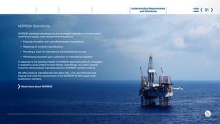 Understanding Requirements
and Standards 31
NORSOK Standards
NORSOK standards (developed by the Norwegian petroleum industry) outline
material and supply chain requirements focused on:
l
Ensuring the safety and cost-effectiveness of operations
l
Replacing oil company specifications
l
Providing a basis for international standardizations process
l
Withdrawing standard upon publication of international standard
In response to the growing interest in NORSOK-approved products, Swagelok
is pleased to quote orders for tube fittings, pipe fittings, and select general
industrial valve products manufactured from NORSOK-certified material.
We offer products manufactured from alloy 2507, 254, and 6HN bars and
forgings that meet the requirements of the NORSOK M-650 supply chain
qualification standard.
Read more about NORSOK
®
What is Corrosion Steps to Control Corrosion
Identifying Types of Corrosion
and Selecting Materials
Learn More
Choose with Confidence
 