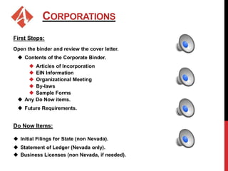 CORPORATIONS 
First Steps: 
Open the binder and review the cover letter. 
 Contents of the Corporate Binder. 
 Articles of Incorporation 
 EIN Information 
 Organizational Meeting 
 By-laws 
 Sample Forms 
 Any Do Now items. 
 Future Requirements. 
Do Now Items: 
 Initial Filings for State (non Nevada). 
 Statement of Ledger (Nevada only). 
 Business Licenses (non Nevada, if needed). 
 