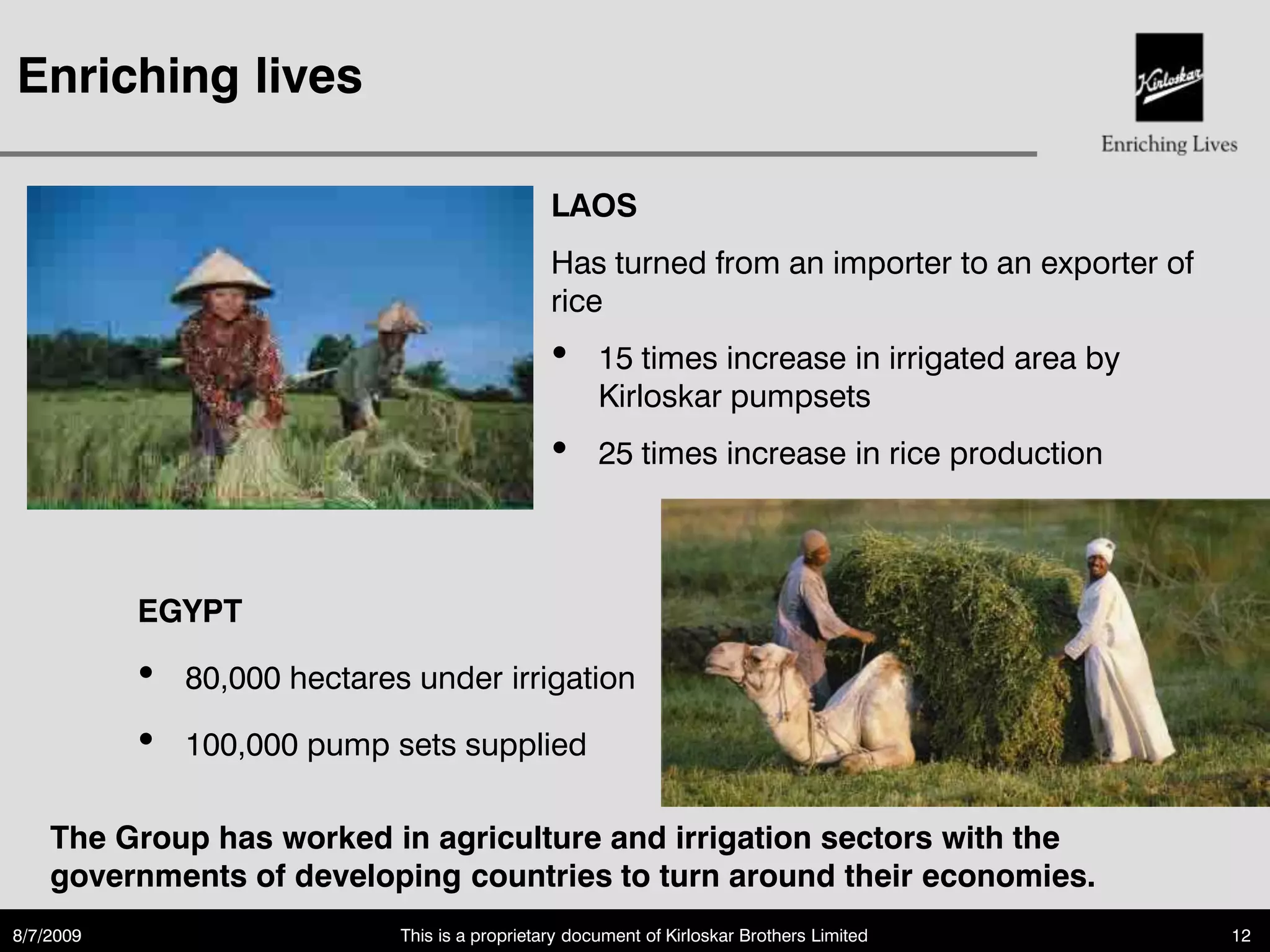 Enriching lives

                                                 LAOS
                                                 Has turned from an importer to an exporter of
                                                 rice
                                                 •     15 times increase in irrigated area by
                                                       Kirloskar pumpsets
                                                 •     25 times increase in rice production



           EGYPT

           •   80,000 hectares under irrigation

           •   100,000 pump sets supplied

    The Group has worked in agriculture and irrigation sectors with the
    governments of developing countries to turn around their economies.
8/7/2009                      This is a proprietary document of Kirloskar Brothers Limited       12
 