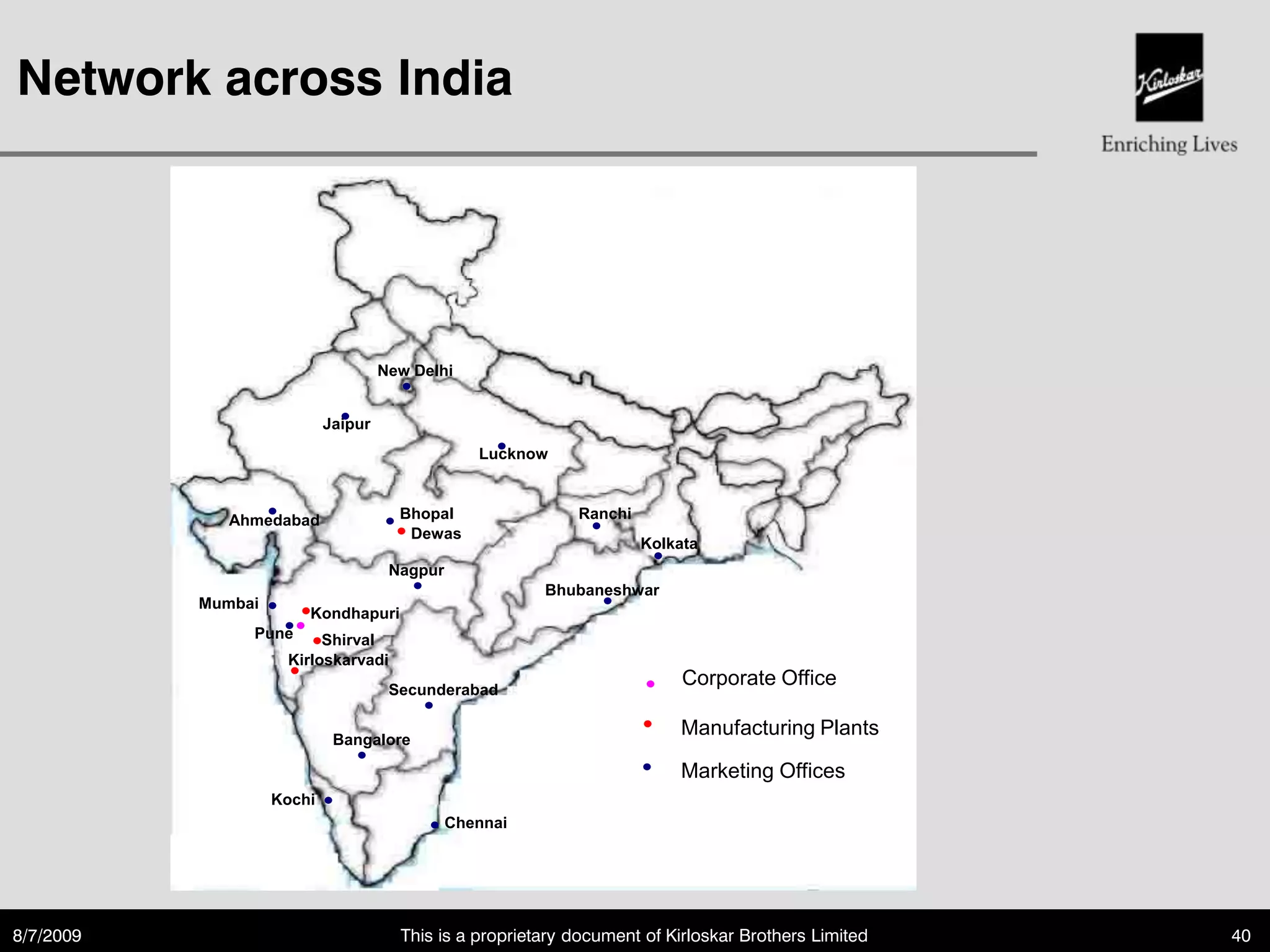 Network across India




                                     New Delhi


                            Jaipur
                                                  Lucknow



              Ahmedabad                Bhopal                Ranchi
                                        Dewas
                                                                      Kolkata
                                      Nagpur
                                                         Bhubaneshwar
           Mumbai
                        Kondhapuri
                Pune      Shirval
                     Kirloskarvadi
                                      Secunderabad
                                                                           Corporate Office

                             Bangalore
                                                                          Manufacturing Plants

                                                                          Marketing Offices
                    Kochi
                                               Chennai




8/7/2009                               This is a proprietary document of Kirloskar Brothers Limited   40
 