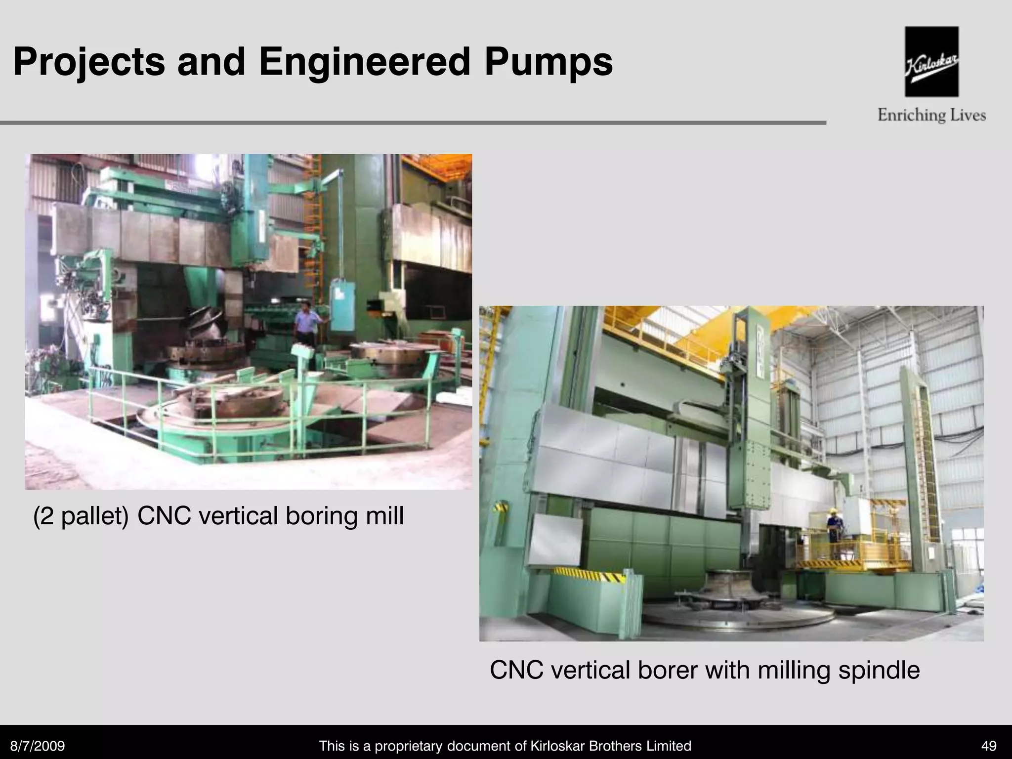 Projects and Engineered Pumps




   (2 pallet) CNC vertical boring mill




                                                         CNC vertical borer with milling spindle

8/7/2009                      This is a proprietary document of Kirloskar Brothers Limited         49
 