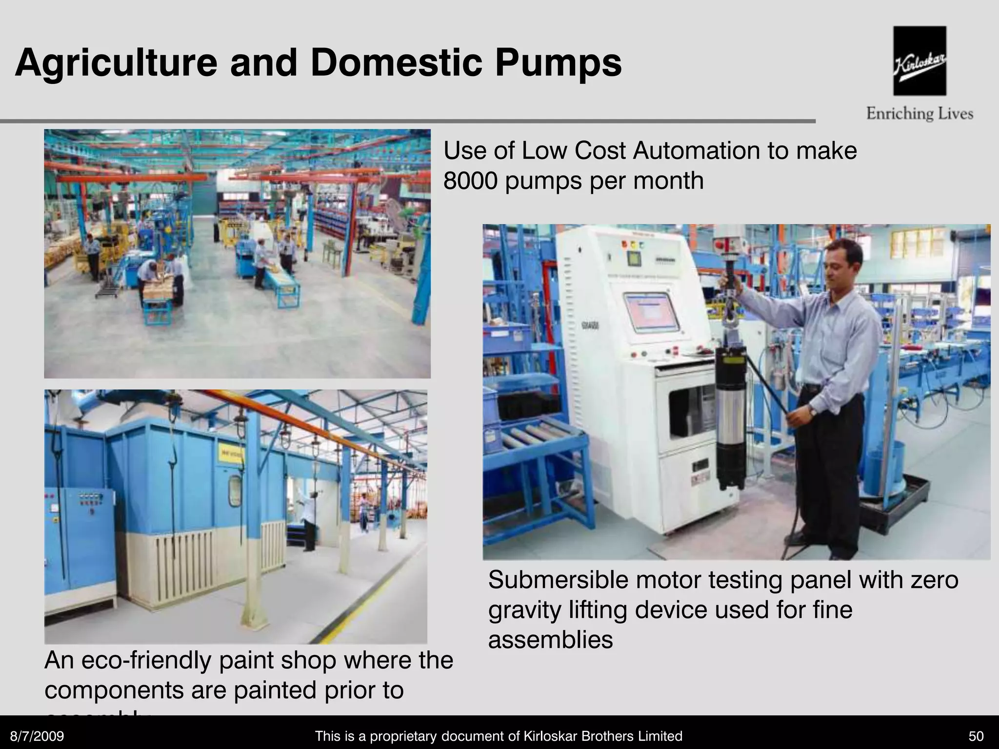 Agriculture and Domestic Pumps

                                                         Use of Low Cost Automation to make
                                                         8000 pumps per month




                                                               Submersible motor testing panel with zero
                                                               gravity lifting device used for fine
                                                               assemblies
     An eco-friendly paint shop where the
     components are painted prior to
     assembly
8/7/2009                      This is a proprietary document of Kirloskar Brothers Limited                 50
 
