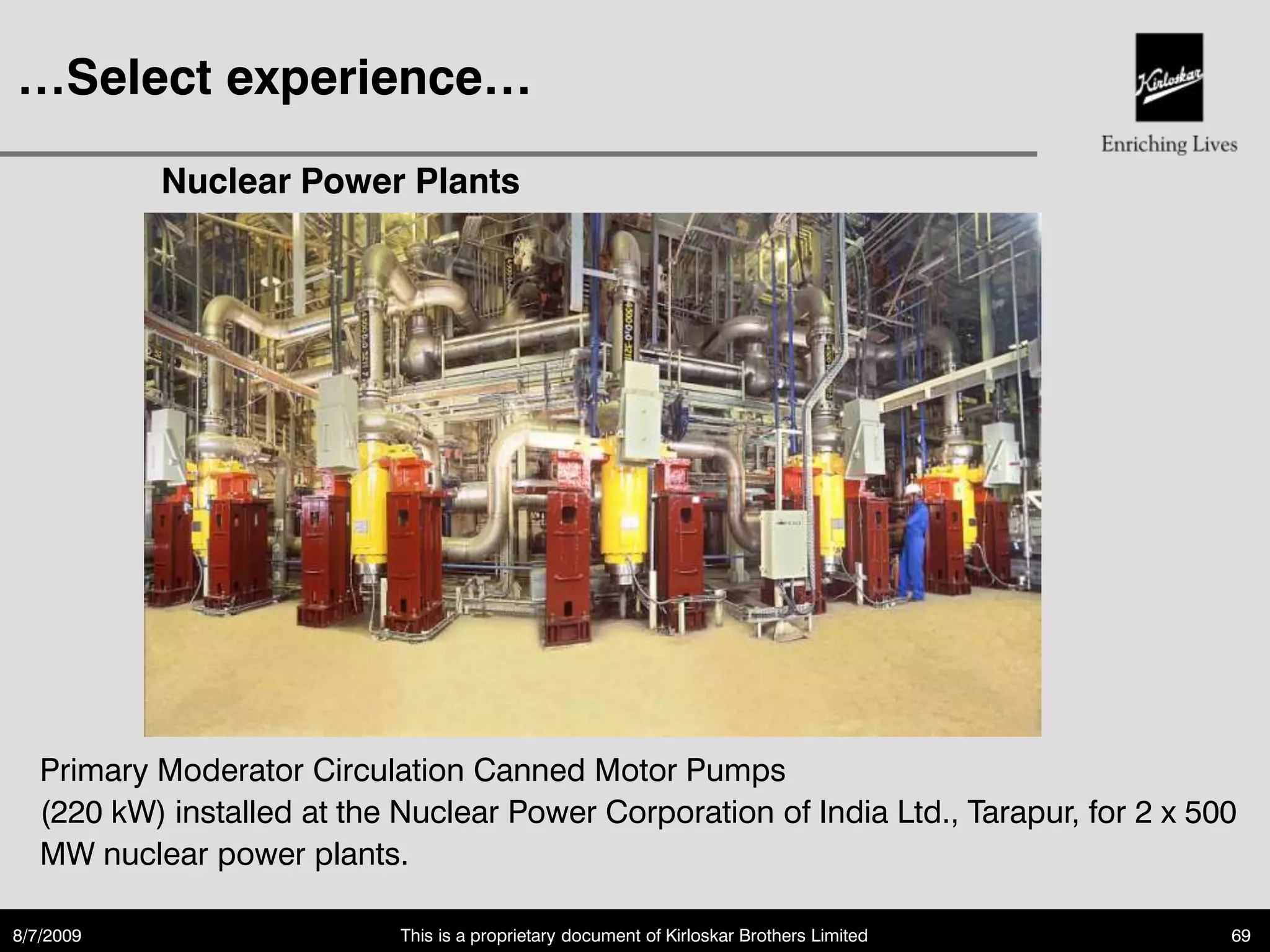 …Select experience…

           Nuclear Power Plants




   Primary Moderator Circulation Canned Motor Pumps
   (220 kW) installed at the Nuclear Power Corporation of India Ltd., Tarapur, for 2 x 500
   MW nuclear power plants.

8/7/2009                     This is a proprietary document of Kirloskar Brothers Limited   69
 