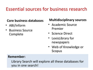 Essential sources for business research
Core business databases
• ABI/Inform
• Business Source
Complete
Multidisciplinary sources
• Academic Source
Premier
• Science Direct
• LexisLibrary for
newspapers
• Web of Knowledge or
Scopus
Remember:
Library Search will explore all these databases for
you in one search!
 