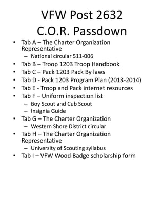 • Tab A – The Charter Organization
Representative
– National circular 511-006
• Tab B – Troop 1203 Troop Handbook
• Tab C – Pack 1203 Pack By laws
• Tab D - Pack 1203 Program Plan (2013-2014)
• Tab E - Troop and Pack internet resources
• Tab F – Uniform inspection list
– Boy Scout and Cub Scout
– Insignia Guide
• Tab G – The Charter Organization
– Western Shore District circular
• Tab H – The Charter Organization
Representative
– University of Scouting syllabus
• Tab I – VFW Wood Badge scholarship form
VFW Post 2632
C.O.R. Passdown
 