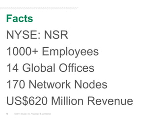 Facts© 2011 Neustar, Inc. Proprietary & Confidential13NYSE: NSR1000+ Employees14 Global Offices170 Network NodesUS$620 Million Revenue
