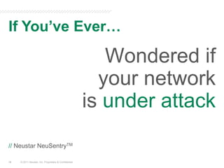 If You’ve Ever…© 2011 Neustar, Inc. Proprietary & ConfidentialWondered if your network isunder attack//Neustar NeuSentryTM14