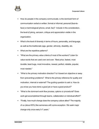 Corporate Culture




   •   How do people in this company communicate, is the dominant form of

       communication verbal or written, formal or informal, personal (face-to-

       face) or technological (phone, email, fax)? Include in this consideration,

       the level of joking, sarcasm, critique and appreciation visible in the

       organization.

   •   What is the level of diversity in terms of hours, personality, and language,

       as well as the traditionals (age, gender, ethnicity, disability, etc.

   •   What are the repetitive patterns?

   •   “What are the primary value criteria of most of the workers? Listen for

       value words that are used over and over. “Best price, fastest, most

       durable, least bugs, most innovative, newest, perfect, reliable, popular,

       most needed.”

   •   “What is the primary motivation direction? Is it toward an objective or away

       from (preventing) problems? What is the primary reference for quality and

       motivation, internal or external? The guiding question to ask is: How do

       you know you have done a good job or have a good product?”

   •   “What is the dominant work flow process, options or procedural? Does

       work get accomplished through teams, collaboration or individual effort?”

   •   “Finally, how much change does the company culture allow? The majority

       of us (about 65%) like sameness with some exception. We seek major

       change only once every 5-7 years.”




09/03/2002                                                                               12
 