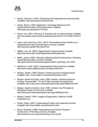 Corporate Culture




•   Hickok, Thomas A. (2001). Downsizing and Organizational Culture [on-line].
    Available: http://www.pamij.com/hickok.html.

•   Hodas, Steven. (1993, September). Technology Refusal and the
    Organizational Culture of Schools [on-line]. Available:
    http://epaa.asu.edu/epaa/v1n10.html.

•   Kosan, Lisa. (2001, February). E-business eats up culture [on-line]. Available:
    http://techupdate.zdnet.com/techupdate/stories/main/0,14179,2685118,00.ht
    ml.

•   Lakos, Amos and Gray, Chris. (2001). Personalized Library Portals as an
    Organizational Culture Change Agent. [on-line]. Available:
    http://www.lita.org/ital/1904_lakos.html.

•   Mallak, Larry, Dr. (2000). Organizational Culture [on-line]. Available:
    http:/www.wmich.edu/~emrl/Organizational%20culture.htm.

•   Martin, Joanne. (2001, February). Meta-theoretical Controversies in Studying
    Organizational Culture. [on-line]. Available:
    http://gobi.stanford.edu/researchpapers/detail1.asp?Paper_No=1676.

•   McNamara, Carter. (2001). Organizational Culture [on-line]. Available:
    http://www.mapnp.org/library/org_thry/culture/culture.htm.

•   Morgan, Gareth. (1996, October). Creating Quantum Change [on-line].
    Available: http:// www.imaginiz.com/speeches/quantum.html.

•   Morgan, Gareth and Zohar, Asaf. (1996, October). Achieving Quantum
    Change: Incrementally!! The Art of High Leverage Change [on-line].
    Available: http:// www.yorku.ca/faculty/academic/gmorgan/0695home.html.

•   Morgan, Gareth and Zohar, Asaf. (1996, October). Key Principles for
    Managing Change (7/7) [on-line]. Available:
    http://www.yorku.ca/faculty/academic/gmorgan/0695keys.html.

•   Morgan, Gareth. (1997). Images of Organization. California: SAGE
    Publications Inc.

•   Schein, Edgar. (2001). Organizational Culture and Leadership [on-line].
    Available: http://www.tnellen.com/ted/tc/schein.html.

•   Shove, Elizabeth. (1999). Organisational and Cultural Change in
    Construction: A Pilot Study. [on-line]. Available:
    http://www.lancs.ac.uk/users/scistud/org_cult_res.htm.


09/03/2002                                                                             19
 