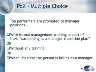 Poll – Multiple Choice Top performers are promoted to manager positions… With formal management training as part of their “succeeding as a manager transition plan” OR Without any training OR When it’s clear the person is failing as a manager 