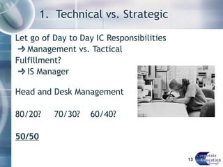 1.  Technical vs. Strategic Let go of Day to Day IC Responsibilities Management vs. Tactical Fulfillment? IS Manager  Head and Desk Management 80/20?  70/30?  60/40? 50/50 