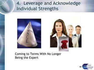 4.  Leverage and Acknowledge Individual Strengths Coming to Terms With No Longer Being the Expert  to terms with no longer being the expert? 