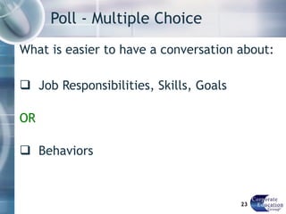 Poll - Multiple Choice  What is easier to have a conversation about: Job Responsibilities, Skills, Goals OR Behaviors 